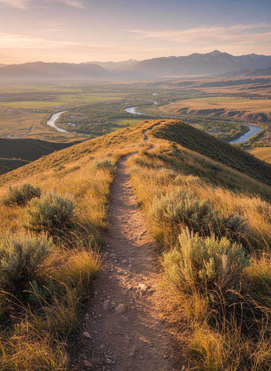 A panoramic view of a ridgeline trail overlooking the Arkansas River valley in Chaffee County, Colorado. The singletrack path threads through sunburnt grasses and clusters of low, silvery sagebrush, following the gentle curve of the ridge. Far below, the river glints in winding ribbons of steel-blue, framed by patchwork fields and small, distant rooftops. Late afternoon sun casts a golden glow across the scene, with long, playful shadows of grasses dancing in the breeze. Photographic realism, captured from a wide-angle, slightly elevated viewpoint, sharp focus from foreground pebbles to hazy, distant peaks. The mood is expansive, optimistic, and quietly triumphant, celebrating the reward of a climb with a vast, open vista.