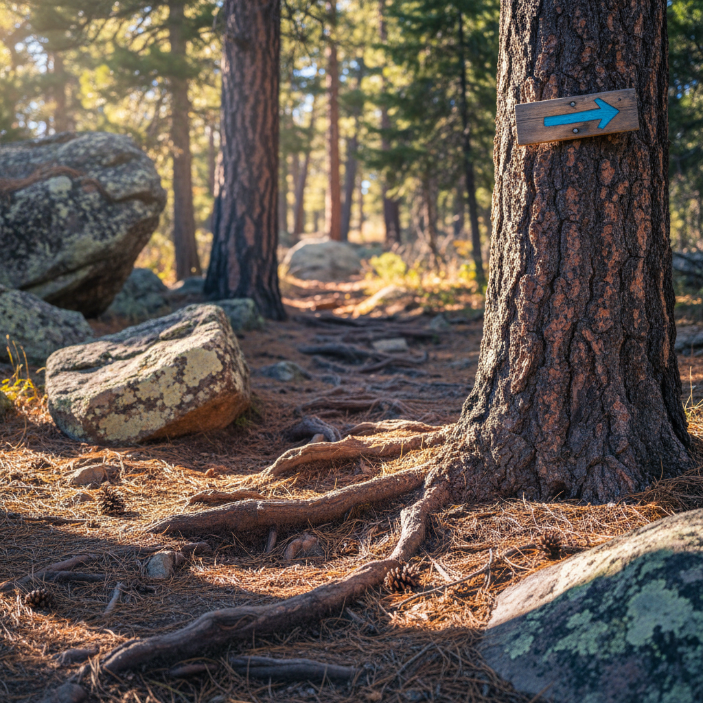A playful forest trail scene in Chaffee County, Colorado, where a narrow, root-laced path winds between towering ponderosa pines and scattered boulders coated with pale green lichen. A simple wooden trail marker with a painted arrow is nailed to a tree trunk, slightly askew, suggesting a whimsical sense of direction. Early morning light slants through the trees, creating cool blue shadows and warm highlights on the reddish-brown soil. Photographic realism from a low-angle perspective close to the ground, emphasizing the textures of roots, pinecones, and rough bark while the path leads softly into a blurred, inviting background. The atmosphere is light-hearted and exploratory, hinting at hidden surprises just around the bend.