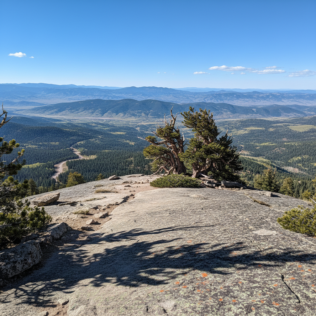 A rocky alpine overlook above Custer County, Colorado, with a narrow, dusty trail ending at a flat outcrop of lichen-speckled granite. A cluster of hardy, wind-twisted bristlecone pines clings to the edge, their dark green needles contrasted against a brilliantly blue, cloud-dotted sky. Far below, patchwork forests and pale dirt roads snake through the valleys. Photographic realism with crisp, high-altitude clarity and cool, late-morning sunlight casting sharp, playful shadows of twisted branches across the stone. Captured from a slightly elevated angle that emphasizes depth and vastness, the composition uses the rocky foreground to lead the eye into the sweeping mountain panorama, evoking exhilaration and wide-open freedom.