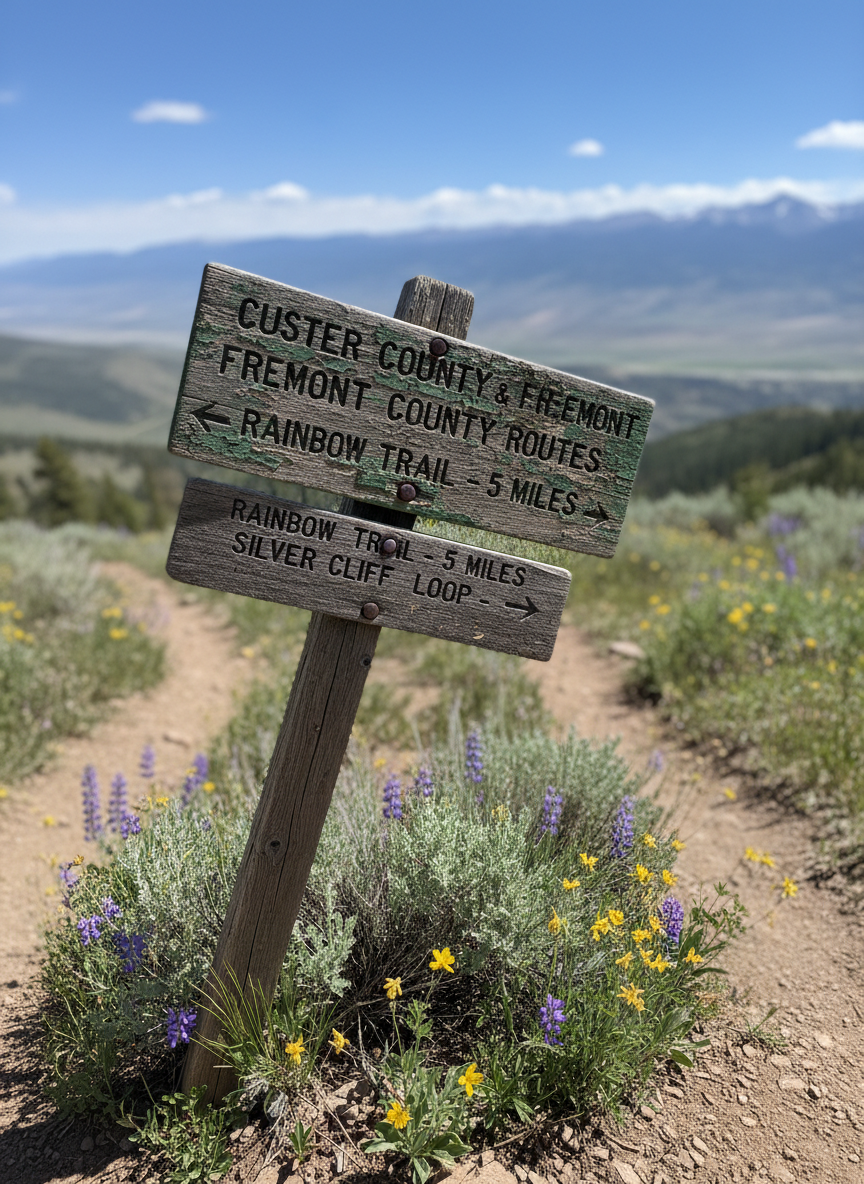A well-worn wooden trail signpost at a junction of two narrow paths in the Colorado high country, its weathered planks etched with carved, slightly faded trail names for routes in Custer, Chaffee, and Fremont counties. The sign leans at a playful angle amid tufts of sagebrush and low wildflowers, with a distant valley dropping away behind it. Bright, clear mountain daylight illuminates the rough grain of the wood and tiny flecks of peeling green paint. Photographic realism from a slightly low angle, shallow depth of field that blurs the descending trail and rolling hills beyond, creating a lighthearted, exploratory atmosphere full of possibility.