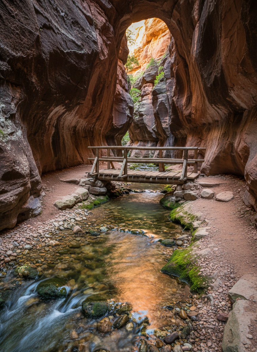 A narrow canyon footpath following a lively, shallow creek in Fremont County, Colorado, the trail hugging rust-colored sandstone walls streaked with mineral deposits. Smooth river stones, some moss-flecked, dot the clear water, and a simple wooden footbridge crosses at a playful curve in the stream. Overhead, the canyon opens just enough for soft, diffused midday light to filter in, reflecting warm oranges and cool greens onto the water’s surface. Photographic realism, eye-level composition with the bridge framed by arching rock walls, moderate depth of field capturing both foreground pebbles and the receding bend. The mood is quietly adventurous and curious, inviting viewers to imagine following the twisting creek deeper into the canyon.